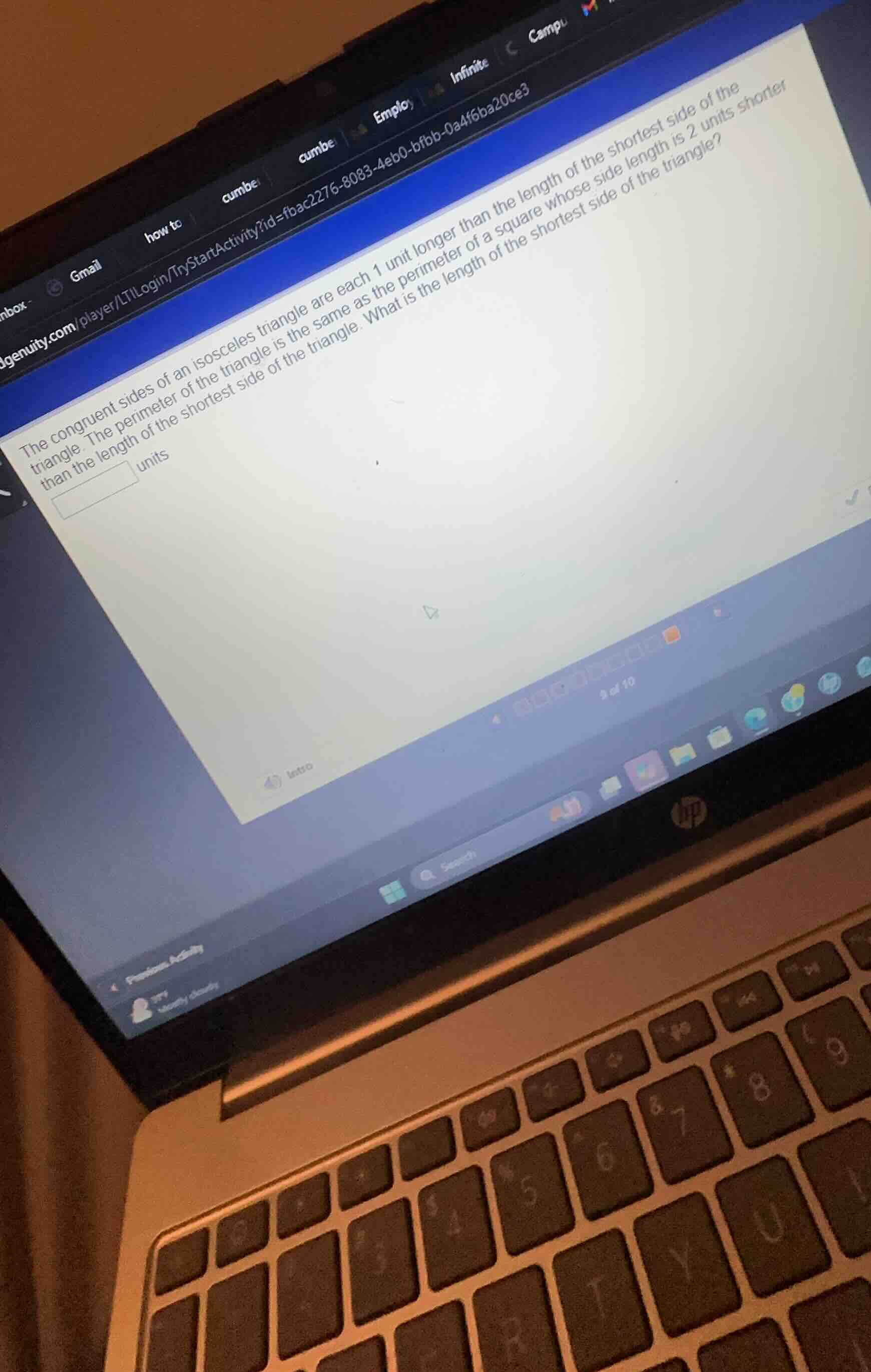 the congruent sides of an isosceles triangle are each 1 unit longer tha…