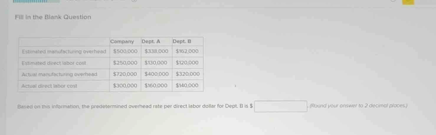 fill in the blank question | | company | dept. a | dept. b | | --- | --…