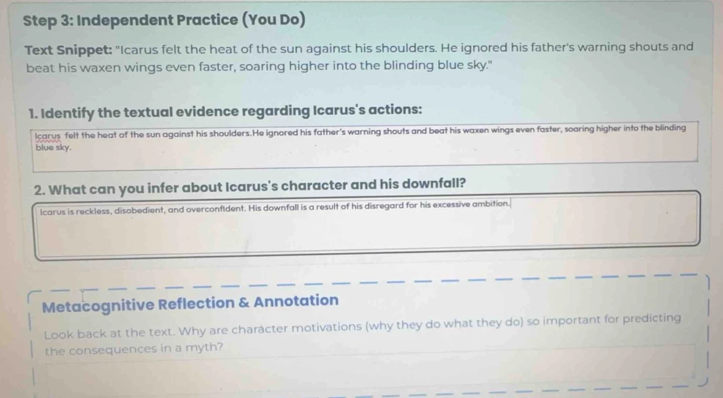 step 3: independent practice (you do) text snippet: \icarus felt the he…