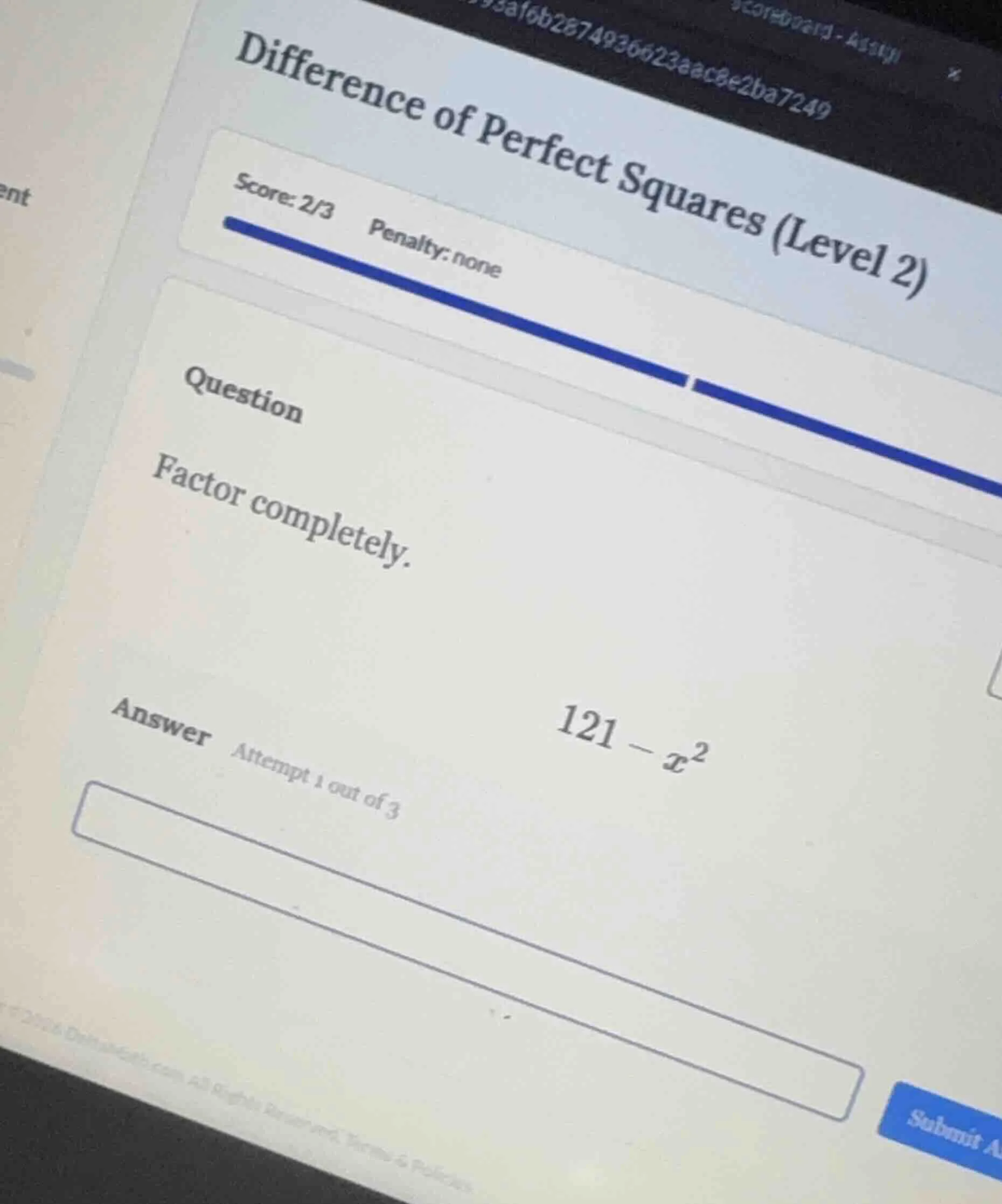 difference of perfect squares (level 2) score: 2/3 penalty: none questi…