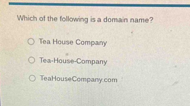 which of the following is a domain name? ○ tea house company ○ tea - ho…
