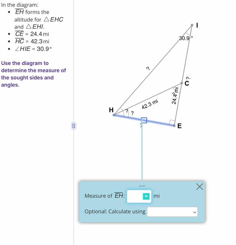 in the diagram: - \\(\\overline{eh}\\) forms the altitude for \\(\\tria…