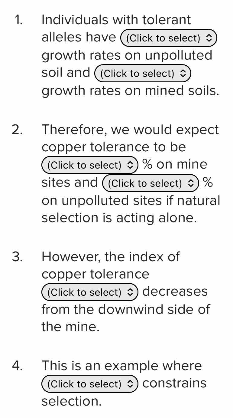 1. individuals with tolerant alleles have (click to select) growth rate…