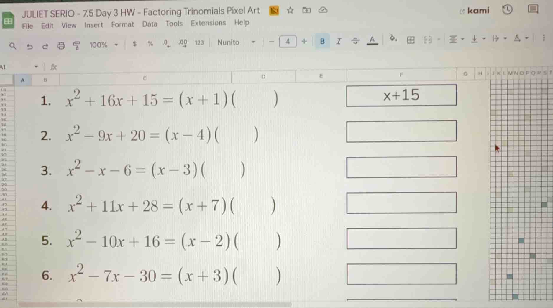 1. $x^2 + 16x + 15 = (x + 1)(quad)$ 2. $x^2 - 9x + 20 = (x - 4)(quad)$ …