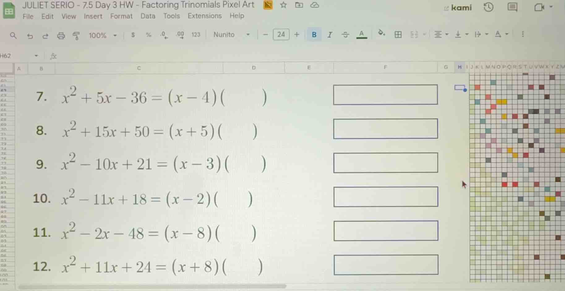 7. $x^2 + 5x - 36 = (x - 4)(quad)$ 8. $x^2 + 15x + 50 = (x + 5)(quad)$ …