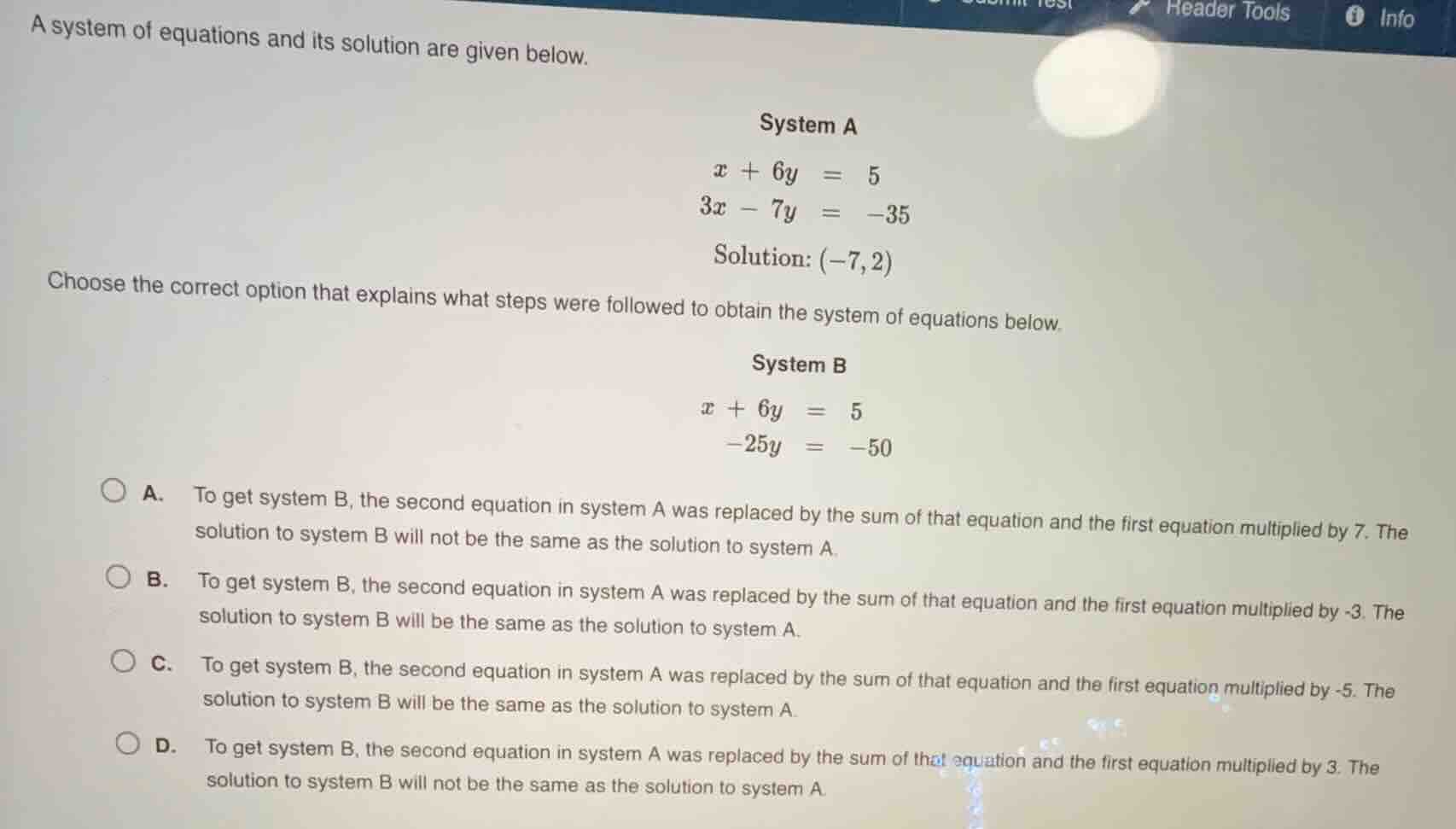a system of equations and its solution are given below. system a $x + 6…
