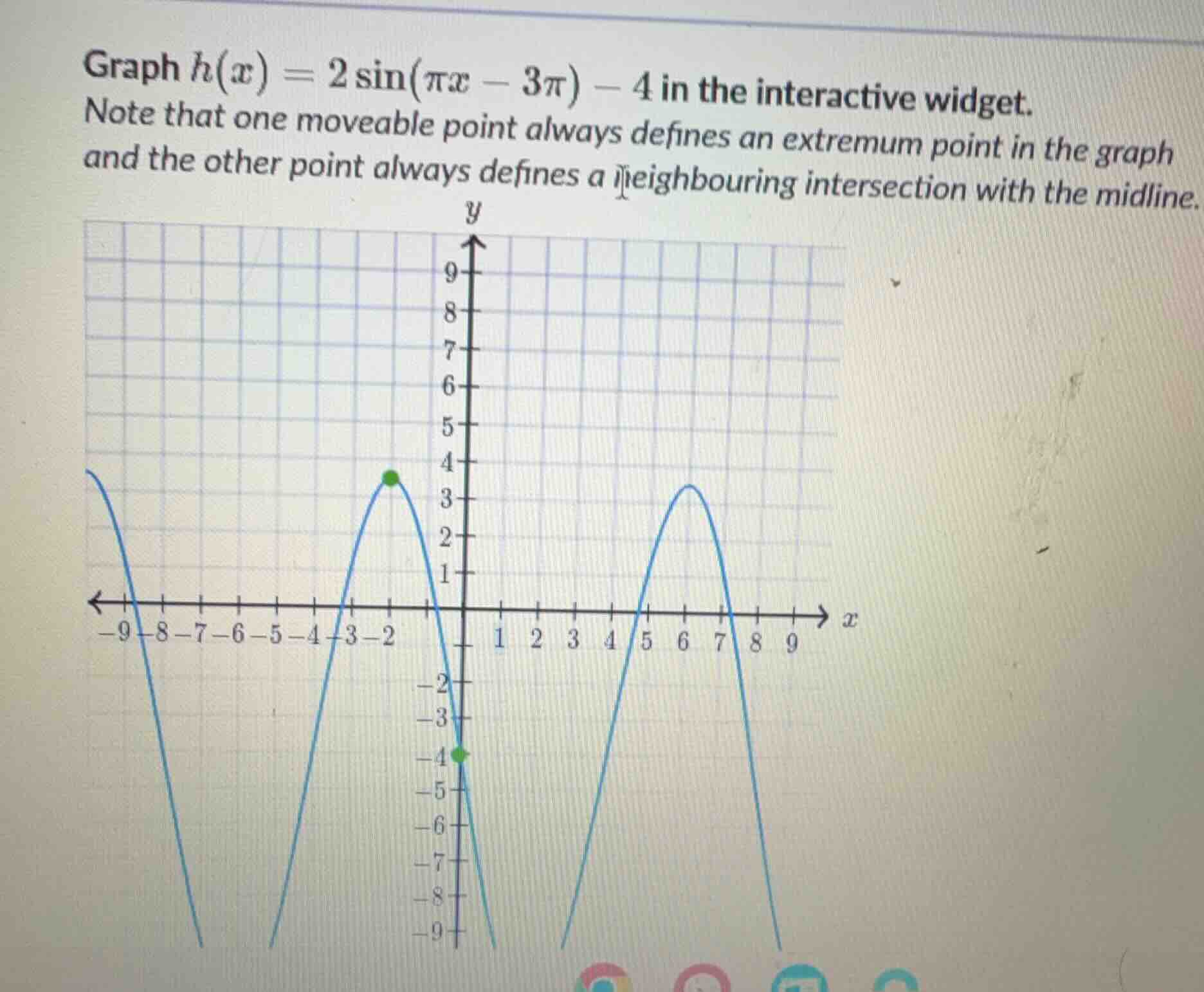 graph $h(x) = 2\\sin(\\pi x - 3\\pi) - 4$ in the interactive widget. no…