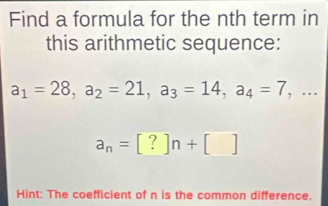 find a formula for the nth term in this arithmetic sequence: a₁ = 28, a…
