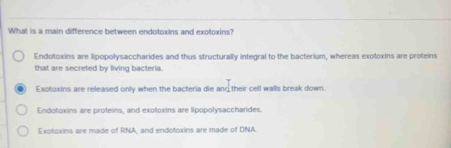 what is a main difference between endotoxins and exotoxins? endotoxins …