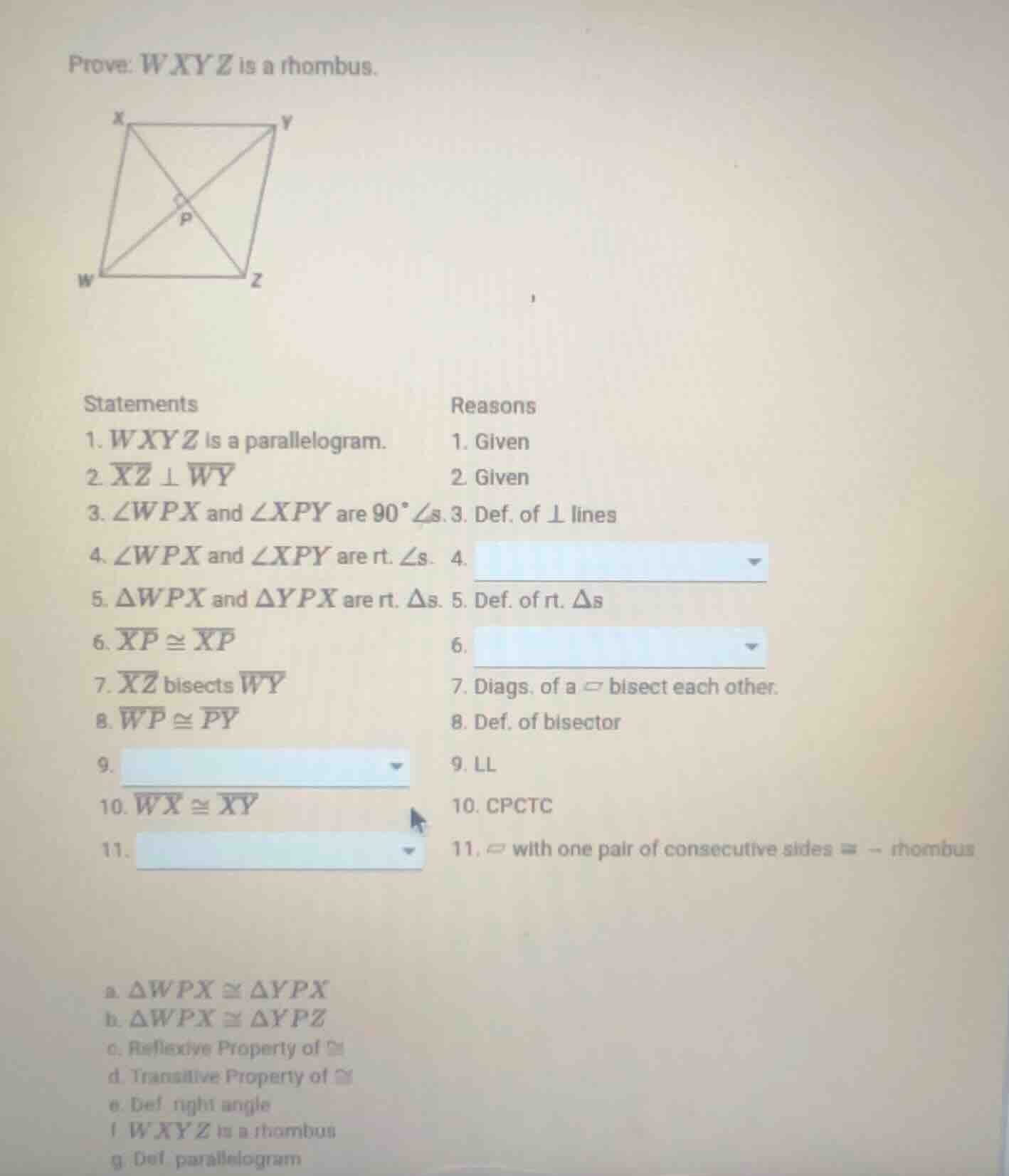 prove: wxyz is a rhombus. statements\treasons 1. wxyz is a parallelogra…