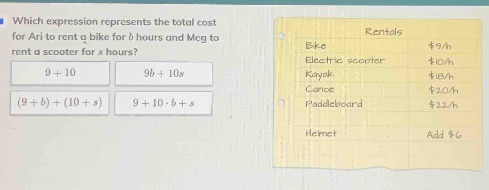 which expression represents the total cost for ari to rent a bike for b…