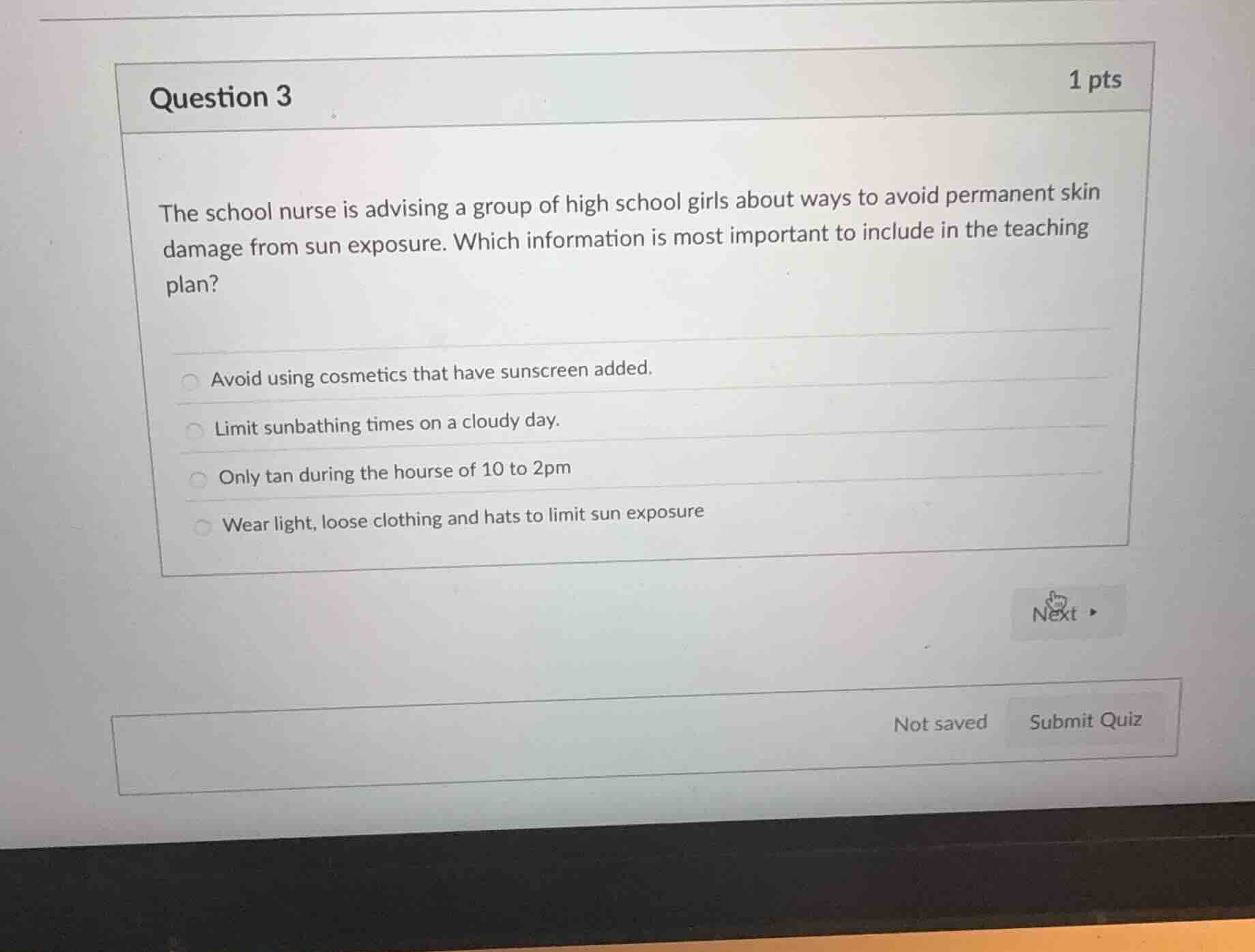 question 3 1 pts the school nurse is advising a group of high school gi…