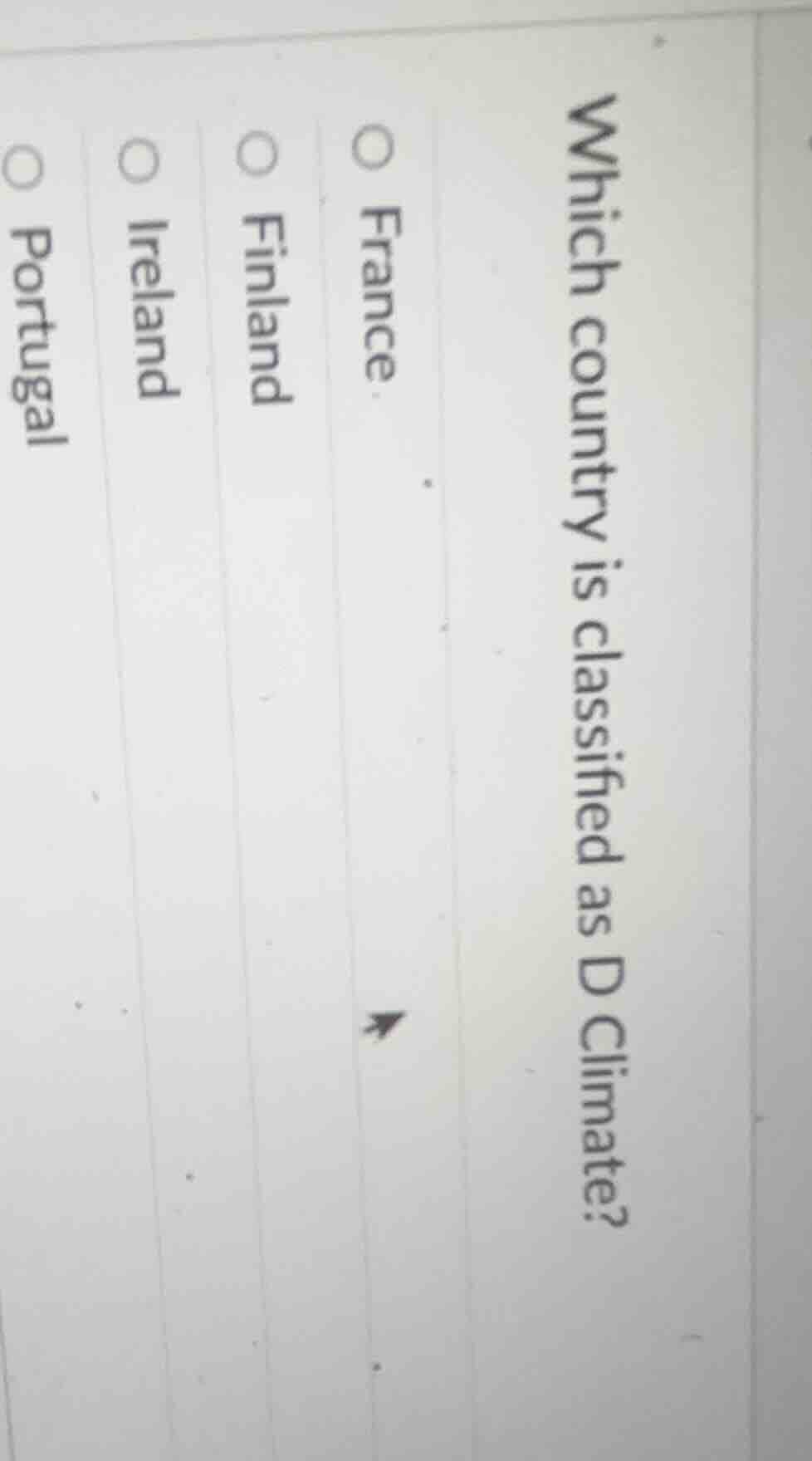 which country is classified as d climate? france finland ireland portug…
