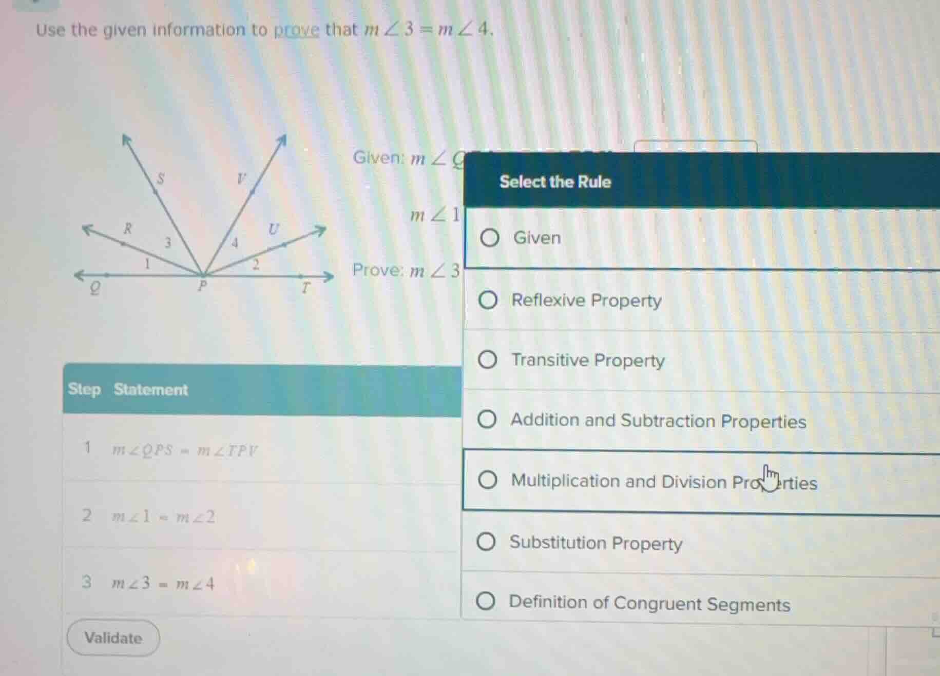 use the given information to prove that ( mangle 3 = mangle 4 ). given:…