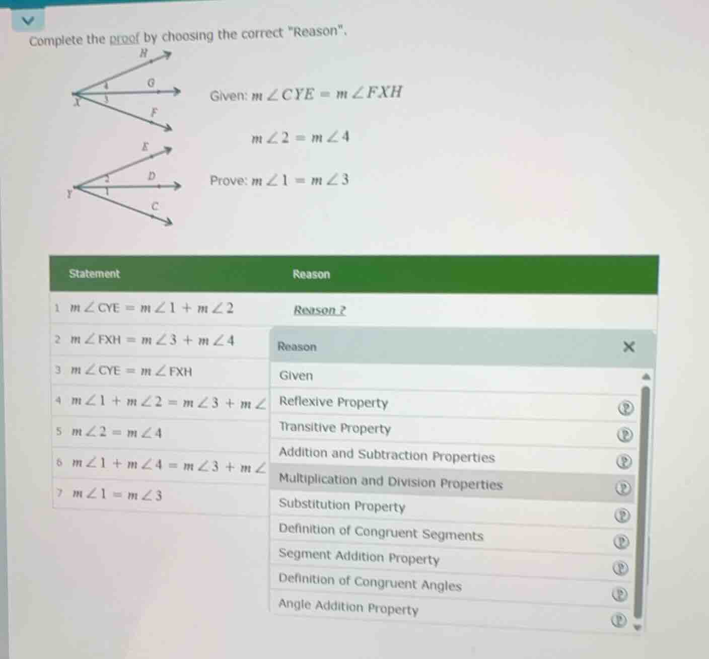 complete the proof by choosing the correct eason\. given: ( mangle cye …