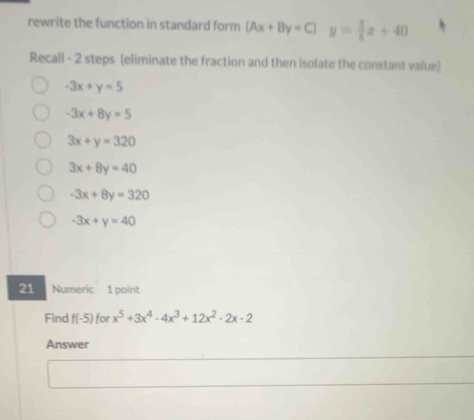 rewrite the function in standard form (ax + by = c) $y = \\frac{3}{8}x …