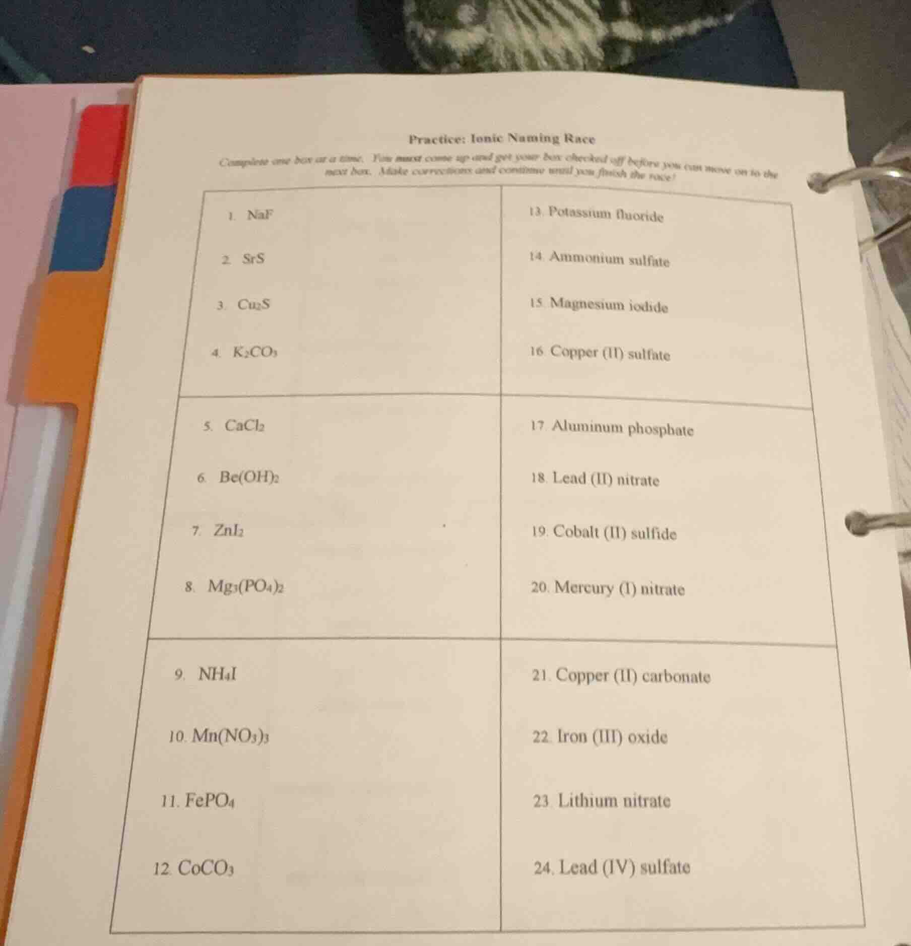 practice: ionic naming race complete one box at a time. you must come u…