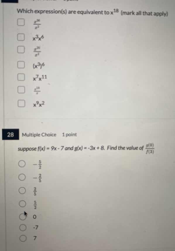 which expression(s) are equivalent to ( x^{18} ) (mark all that apply) …