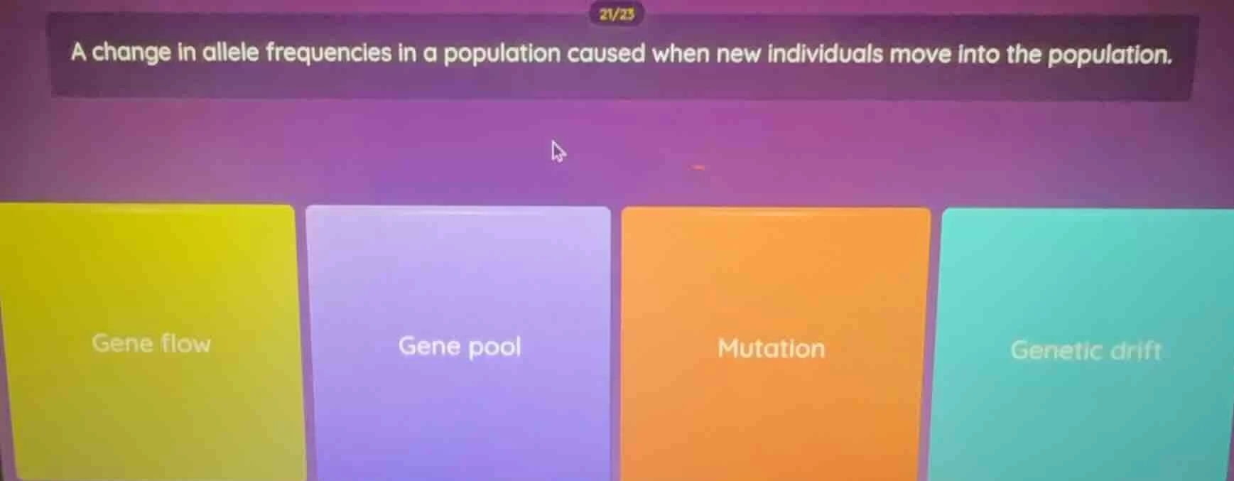 a change in allele frequencies in a population caused when new individu…