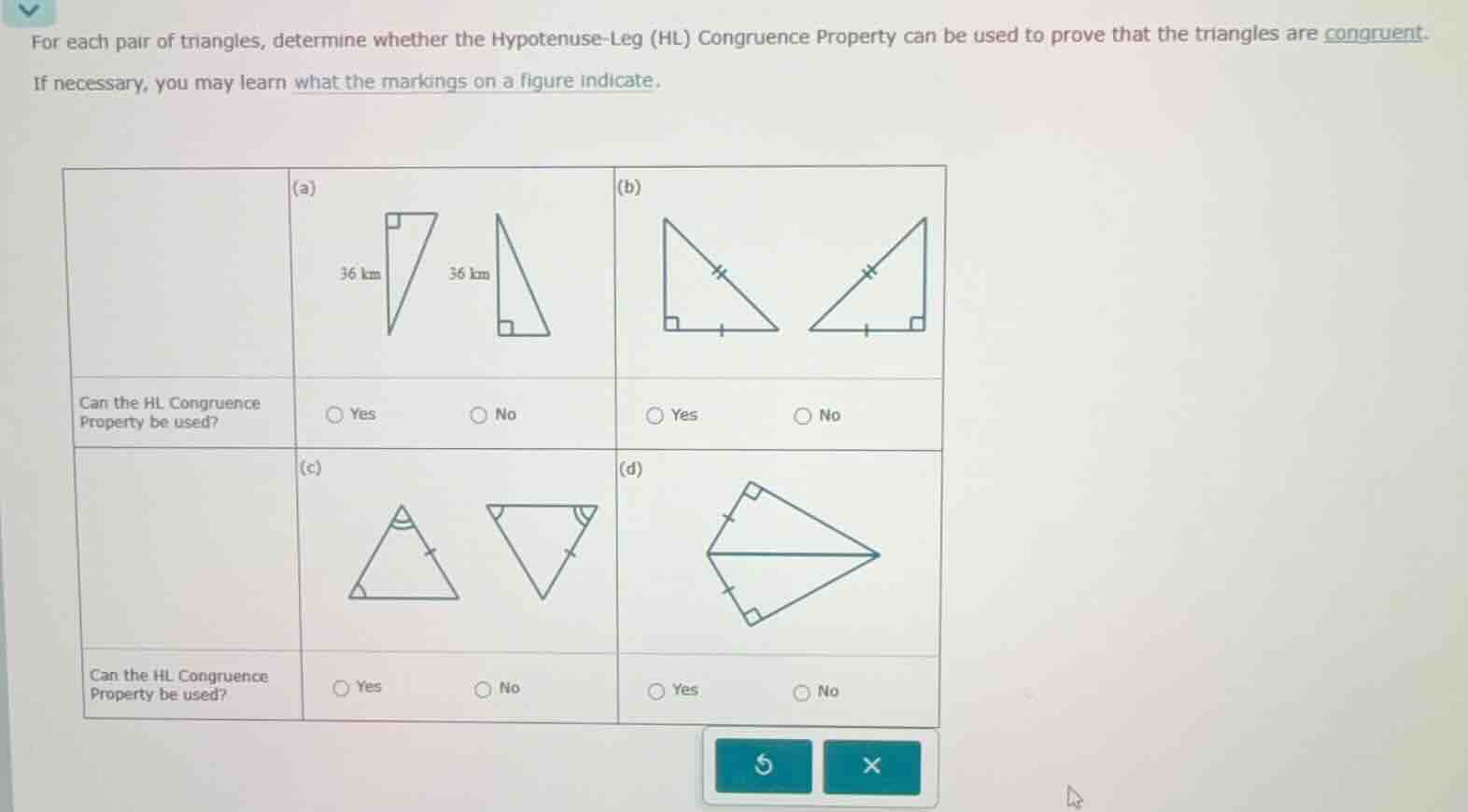 for each pair of triangles, determine whether the hypotenuse-leg (hl) c…