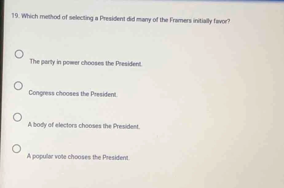 19. which method of selecting a president did many of the framers initi…