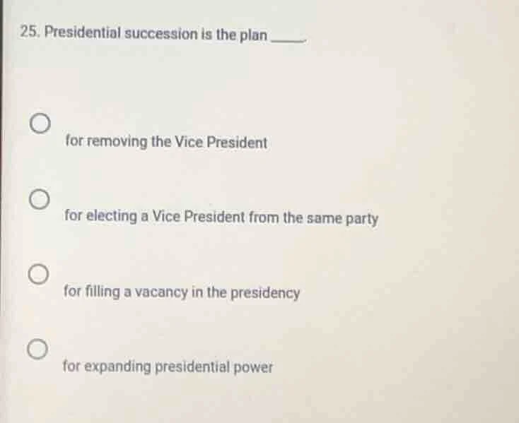 25. presidential succession is the plan ____ for removing the vice pres…