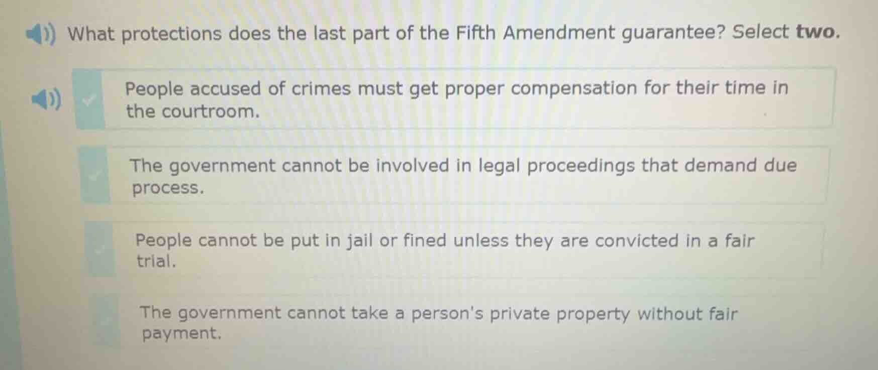 what protections does the last part of the fifth amendment guarantee? s…