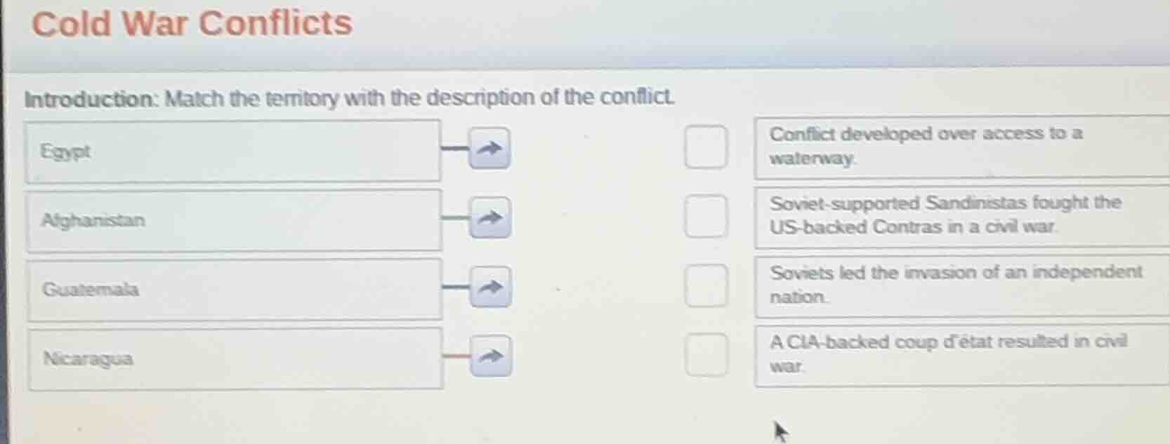 cold war conflicts introduction: match the territory with the descripti…