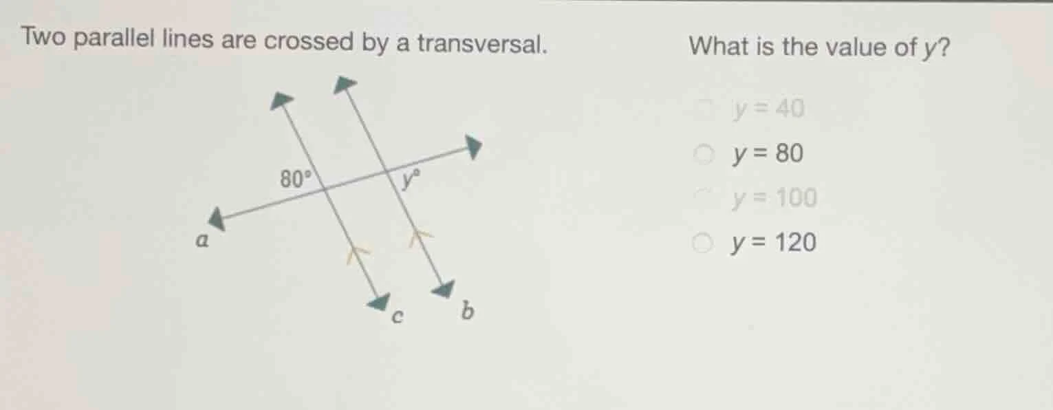 two parallel lines are crossed by a transversal. what is the value of y…