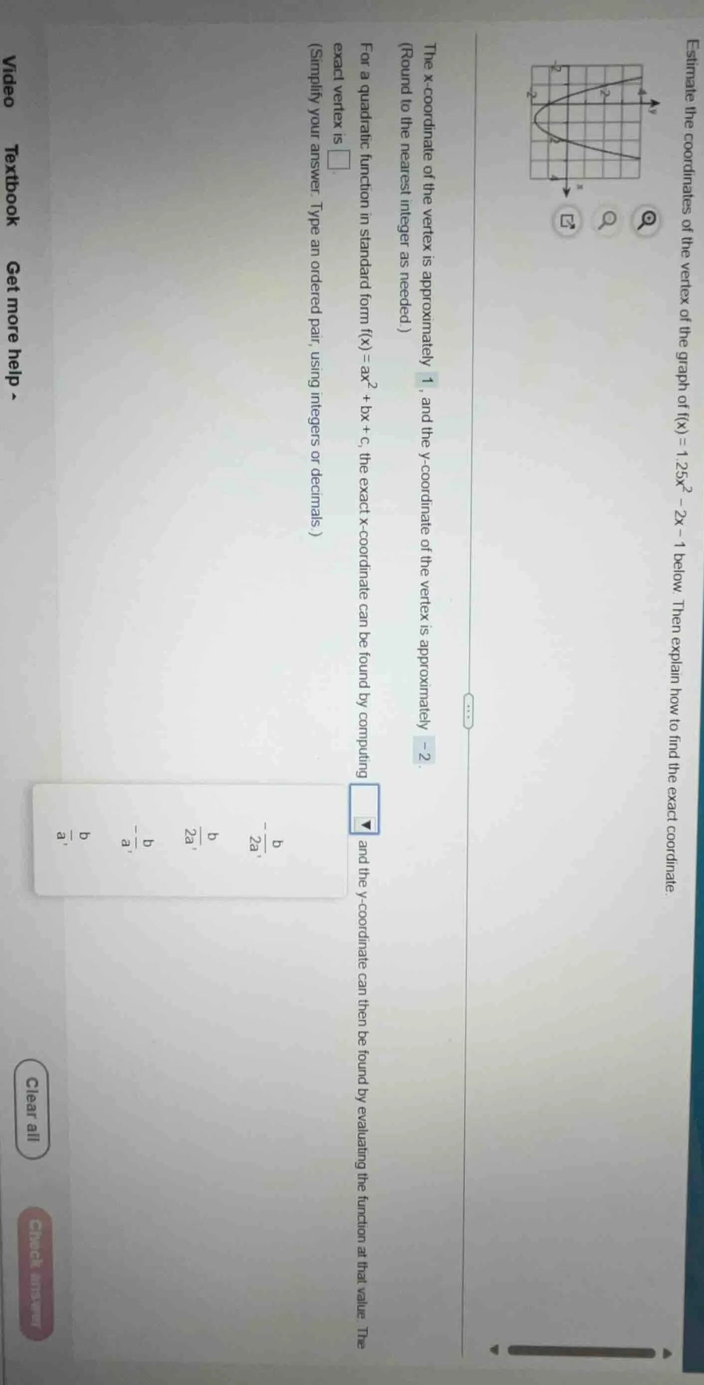 estimate the coordinates of the vertex of the graph of ( f(x) = 1.25x^2…