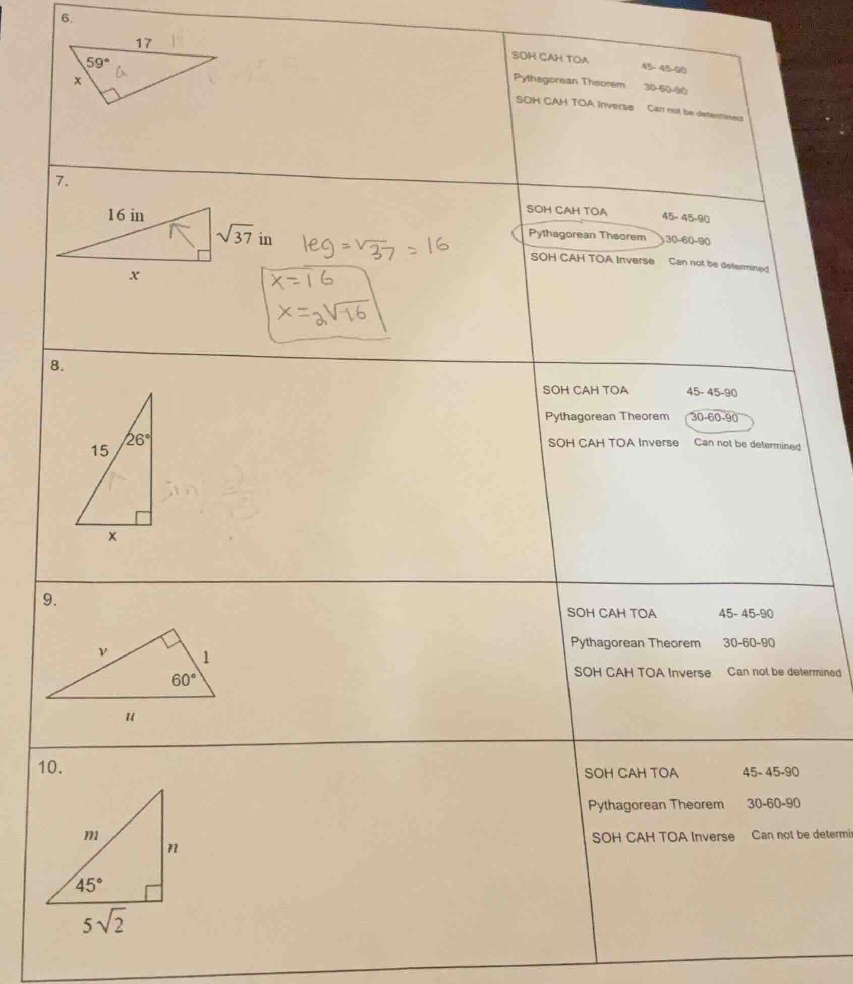 6. 7. 16 in, \\(\\sqrt{37}\\) in, x 8. 15, 26°, x 9. v, 1, 60°, u 10. m…