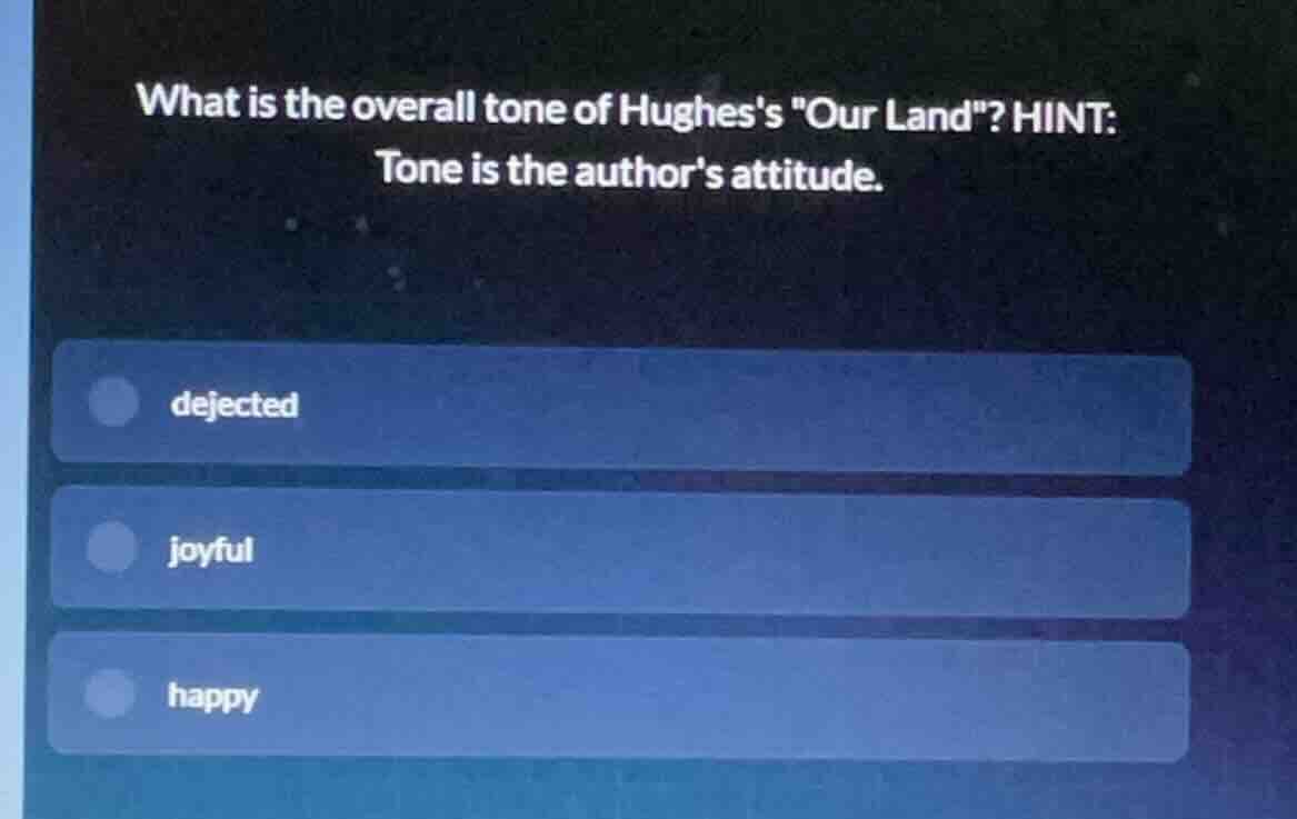 what is the overall tone of hughess \our land\? hint: tone is the autho…