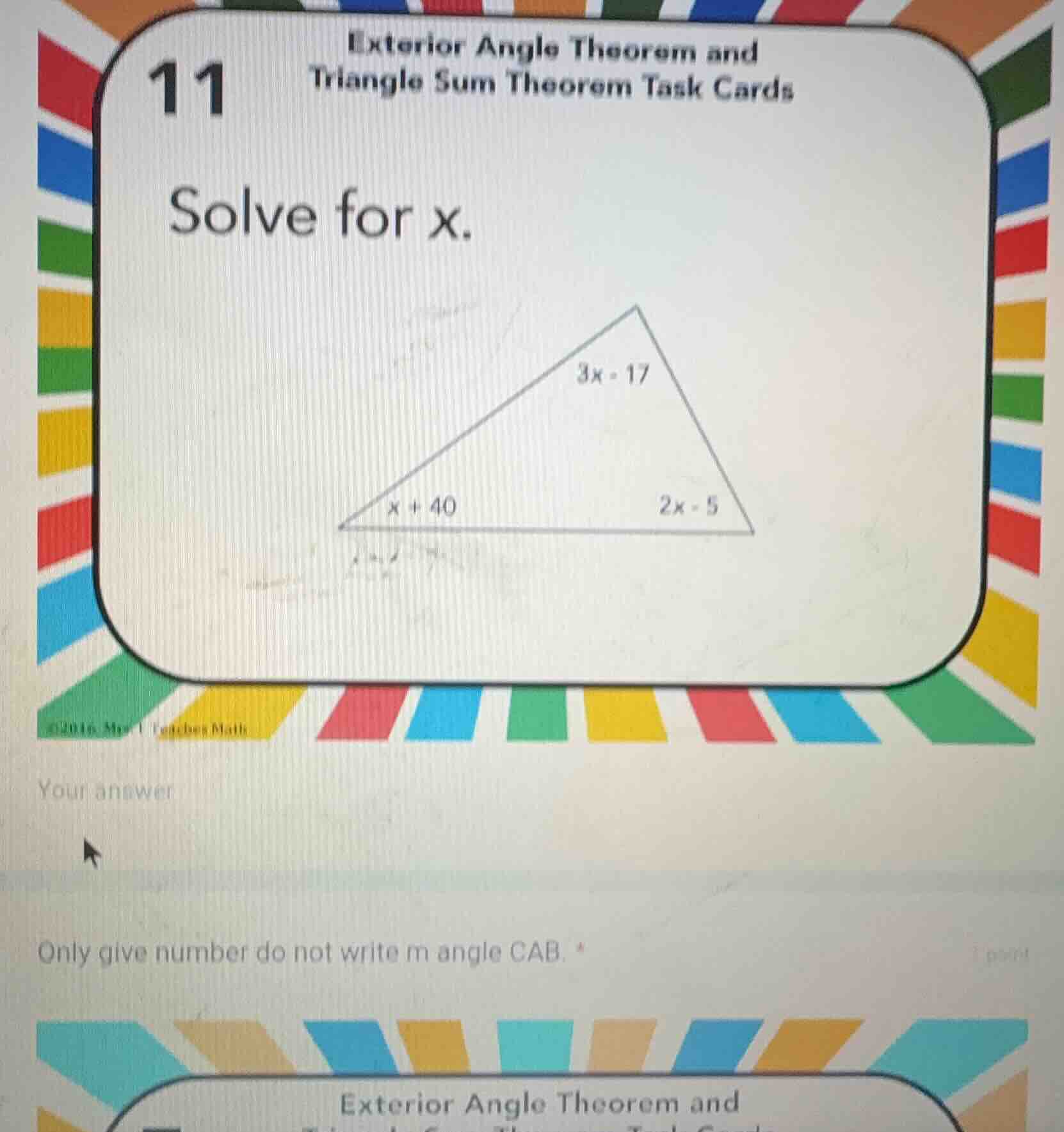 11 exterior angle theorem and triangle sum theorem task cards solve for…