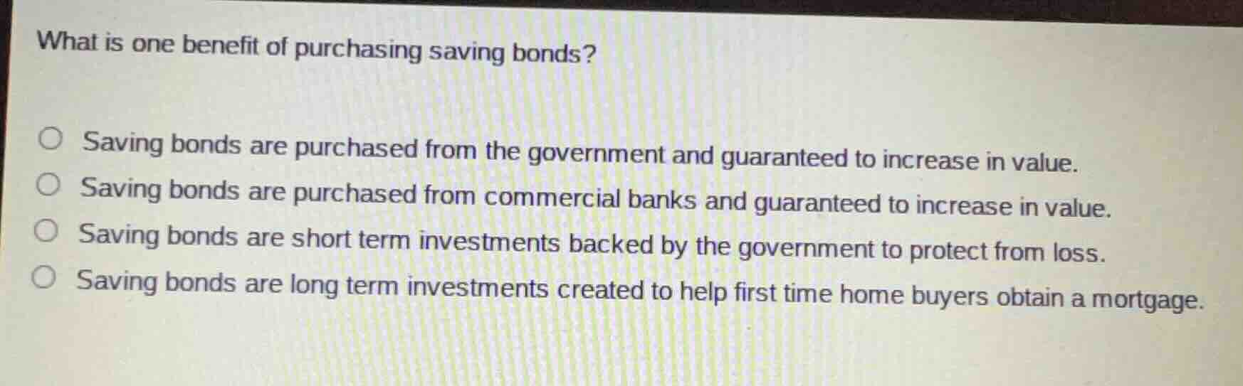 what is one benefit of purchasing saving bonds? ○ saving bonds are purc…
