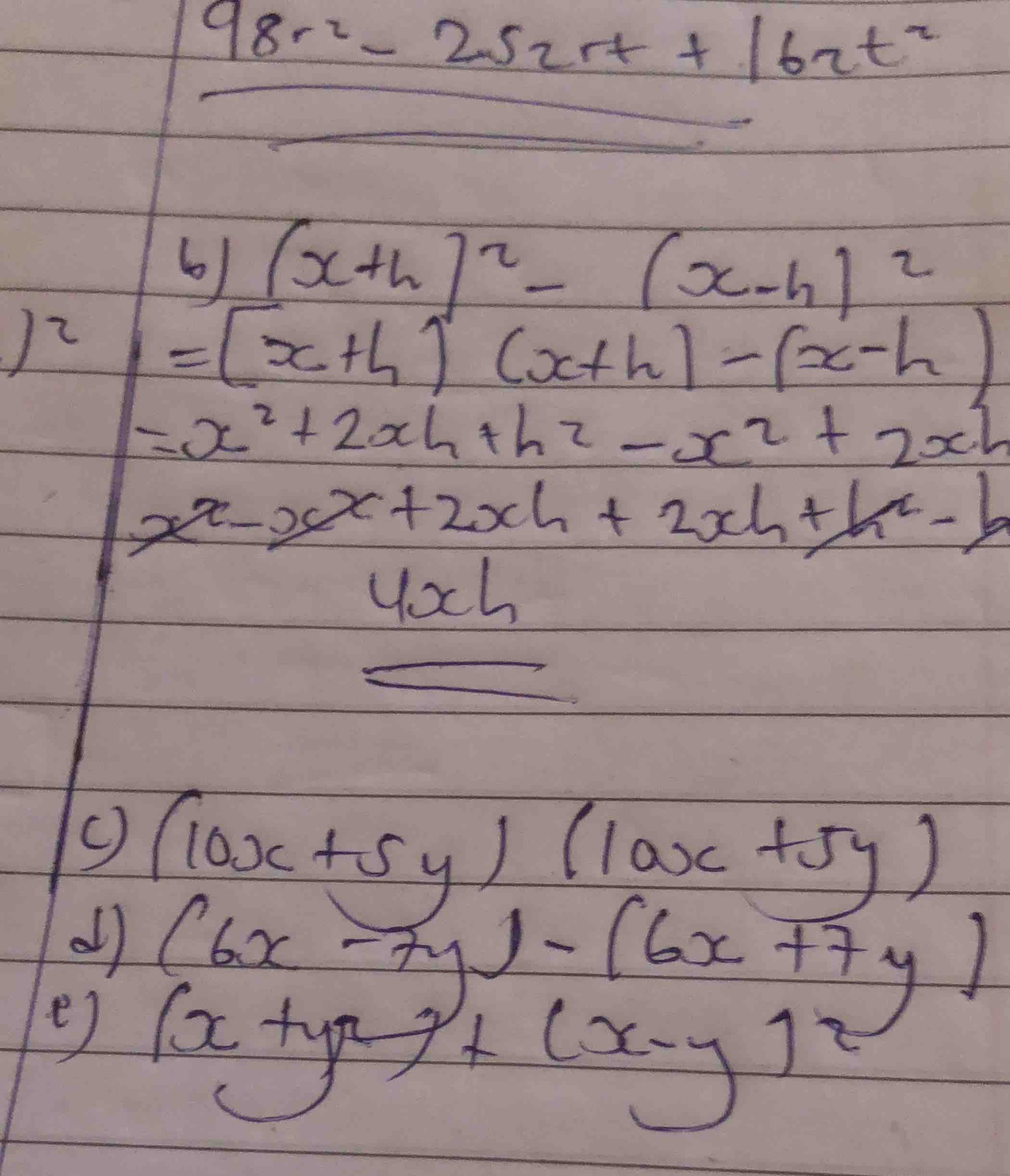 98r² - 252rt + 162t² b) (x + h)² - (x - h)² = (x + h)(x + h) - (x - h) …
