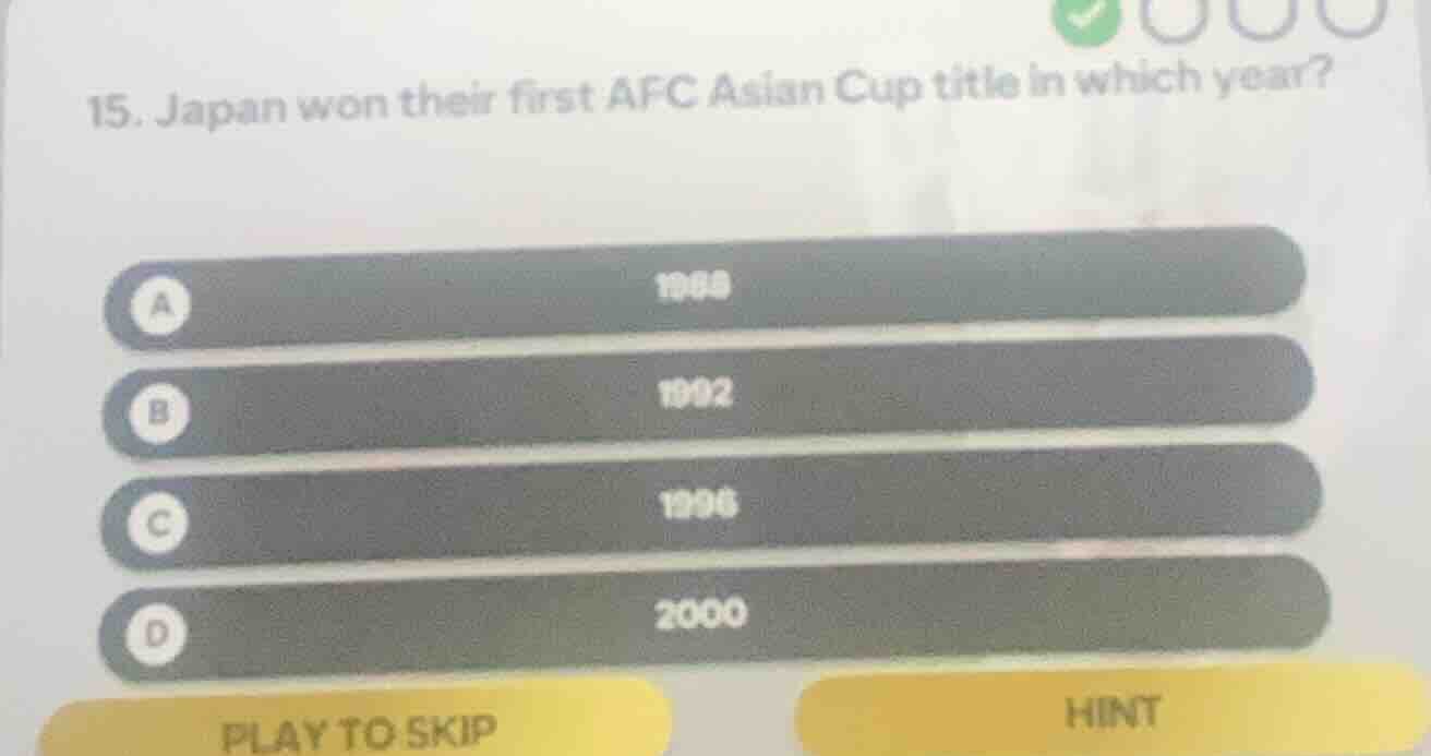 15. japan won their first afc asian cup title in which year? a 1988 b 1…