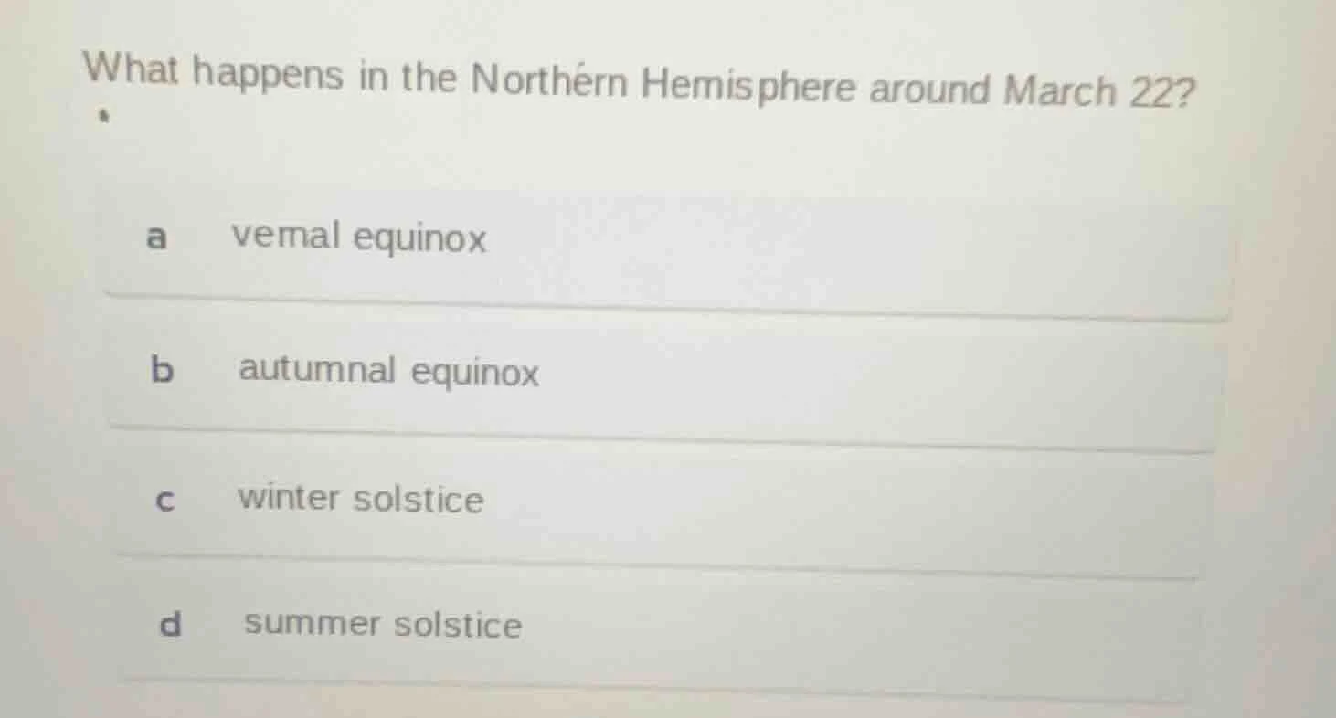 what happens in the northern hemisphere around march 22? a vemal equino…