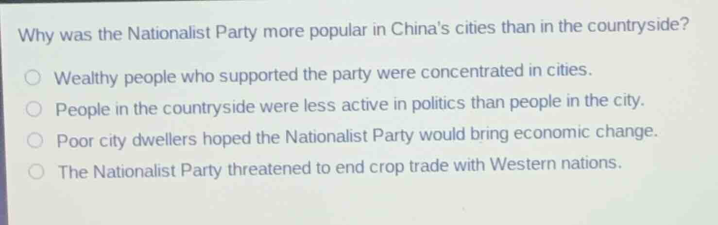 why was the nationalist party more popular in chinas cities than in the…