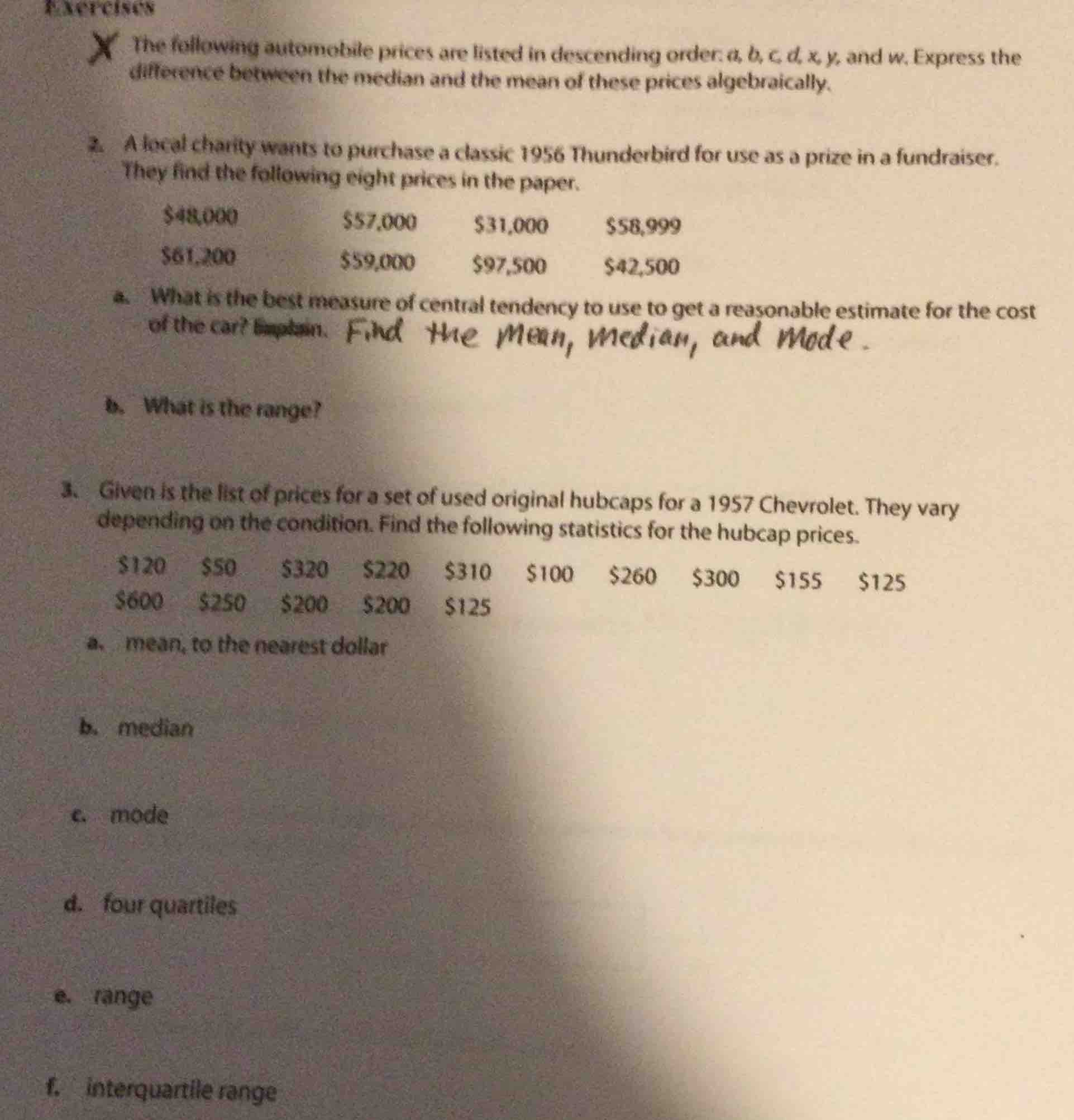 exercises 1. the following automobile prices are listed in descending o…