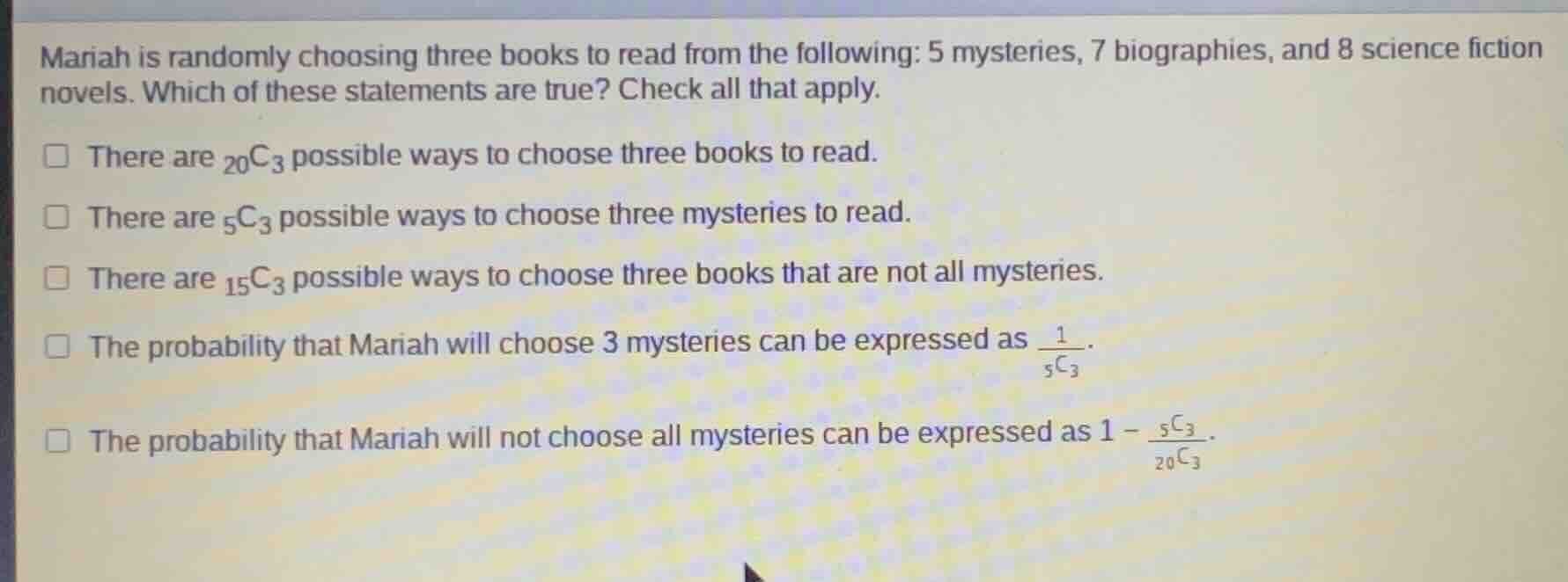 mariah is randomly choosing three books to read from the following: 5 m…