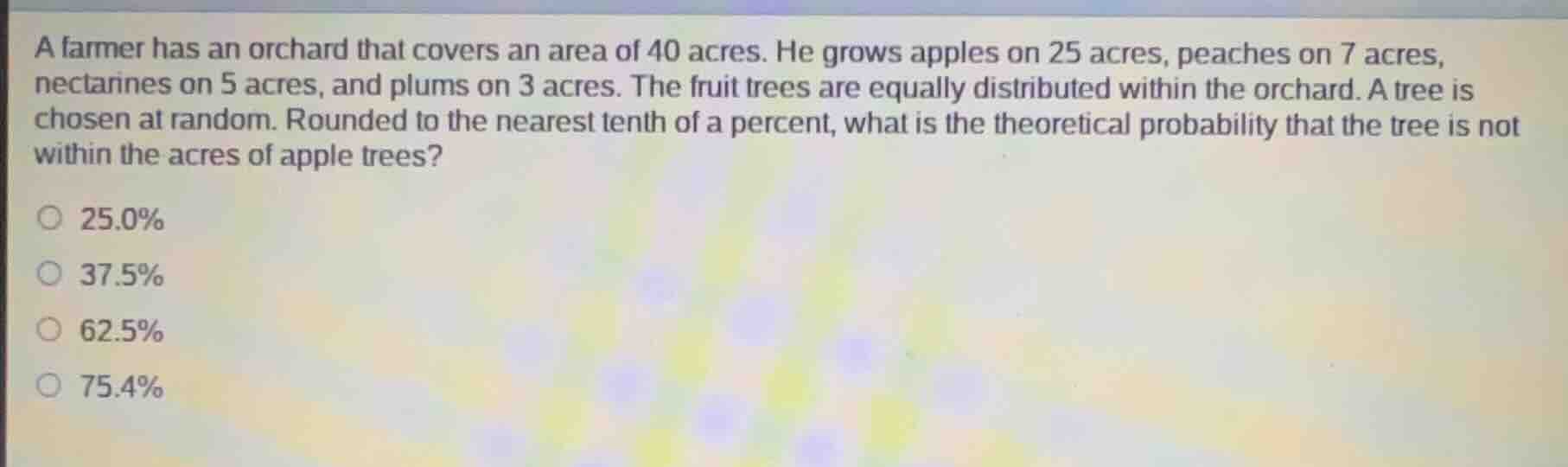 a farmer has an orchard that covers an area of 40 acres. he grows apple…