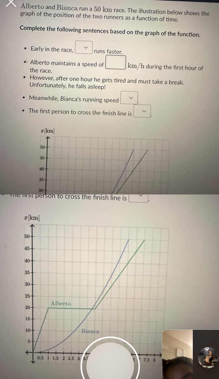 alberto and bianca run a 50 km race. the illustration below shows the g…