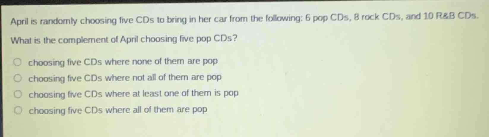 april is randomly choosing five cds to bring in her car from the follow…