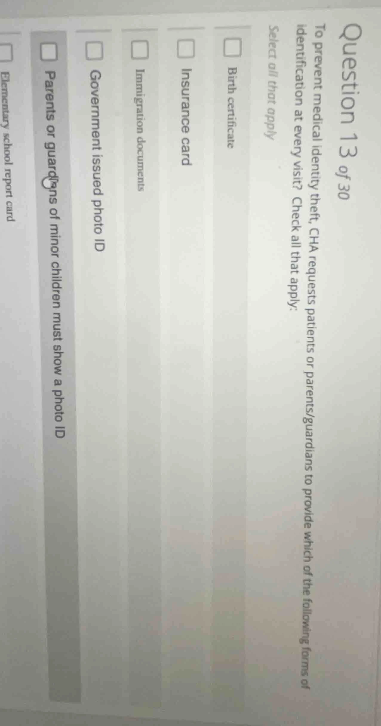 question 13 of 30 to prevent medical identity theft, cha requests patie…