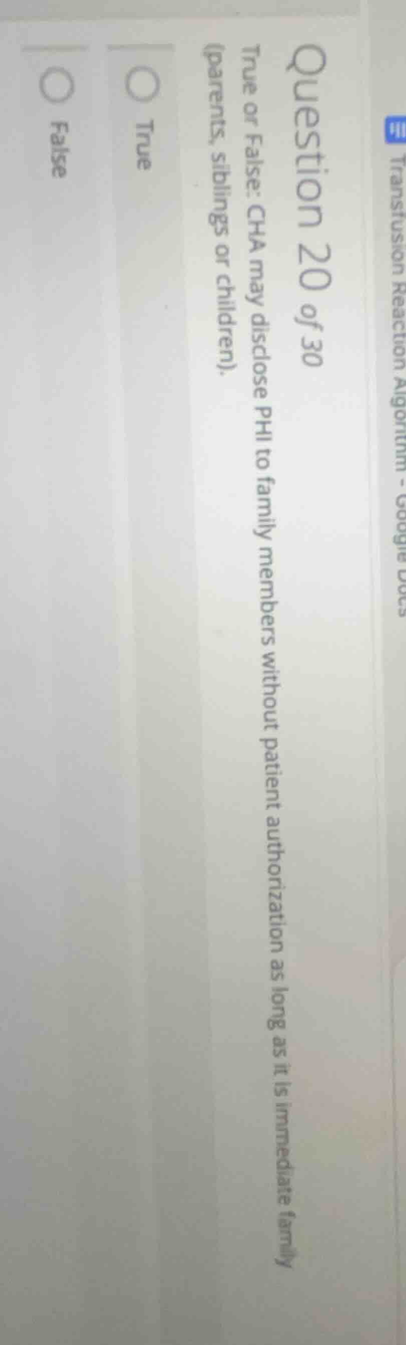 question 20 of 30 true or false: cha may disclose phi to family members…