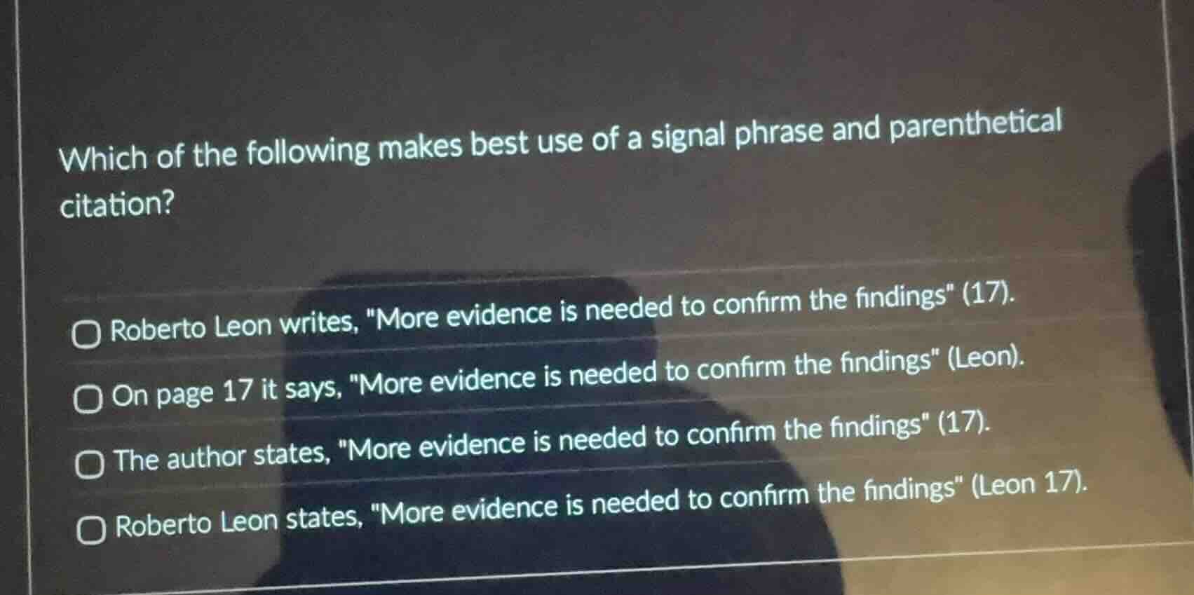 which of the following makes best use of a signal phrase and parentheti…