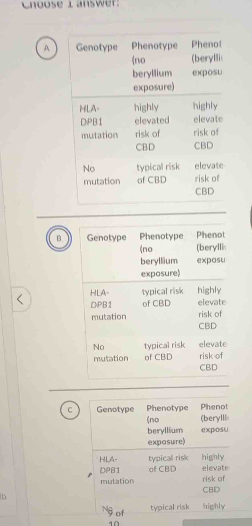 choose 1 answer: a | genotype | phenotype (no beryllium exposure) | phe…