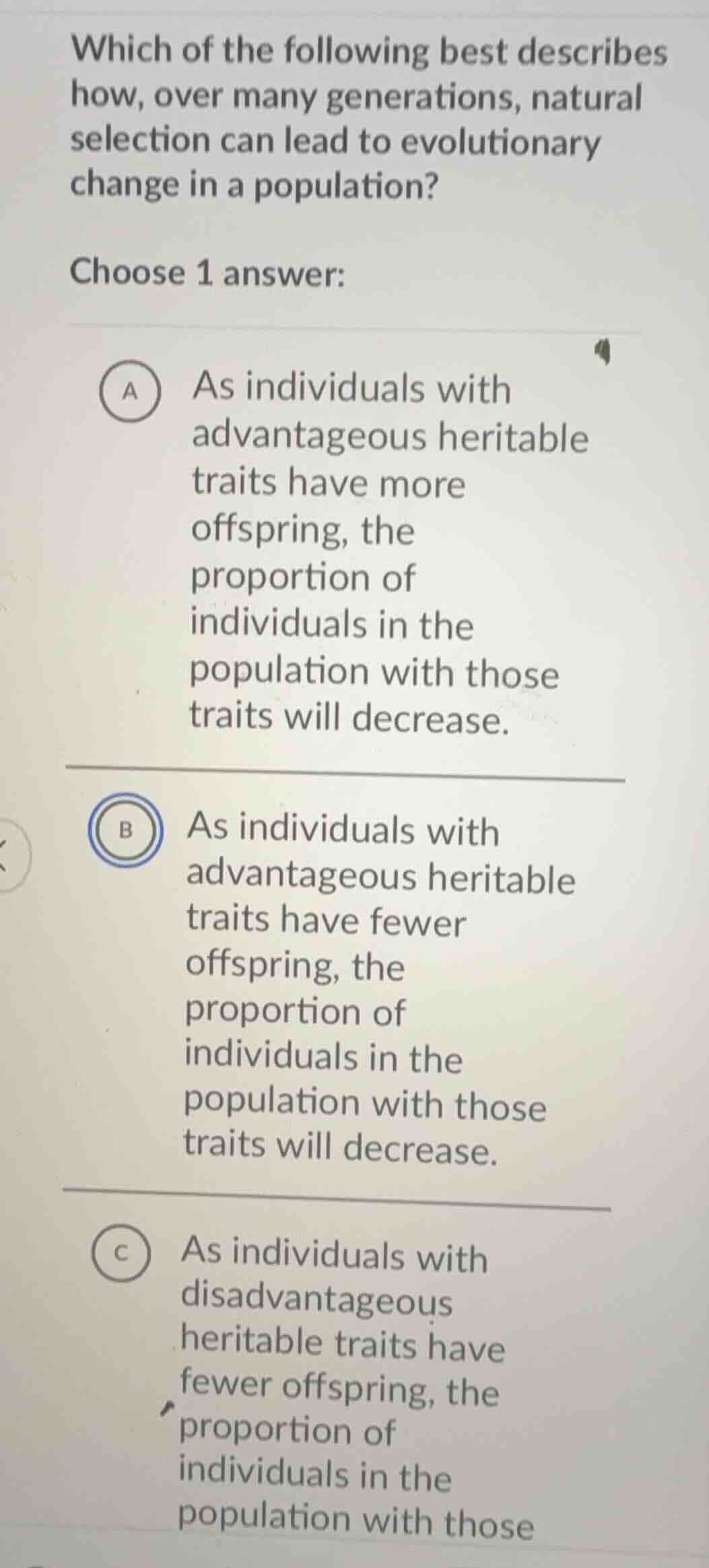 which of the following best describes how, over many generations, natur…