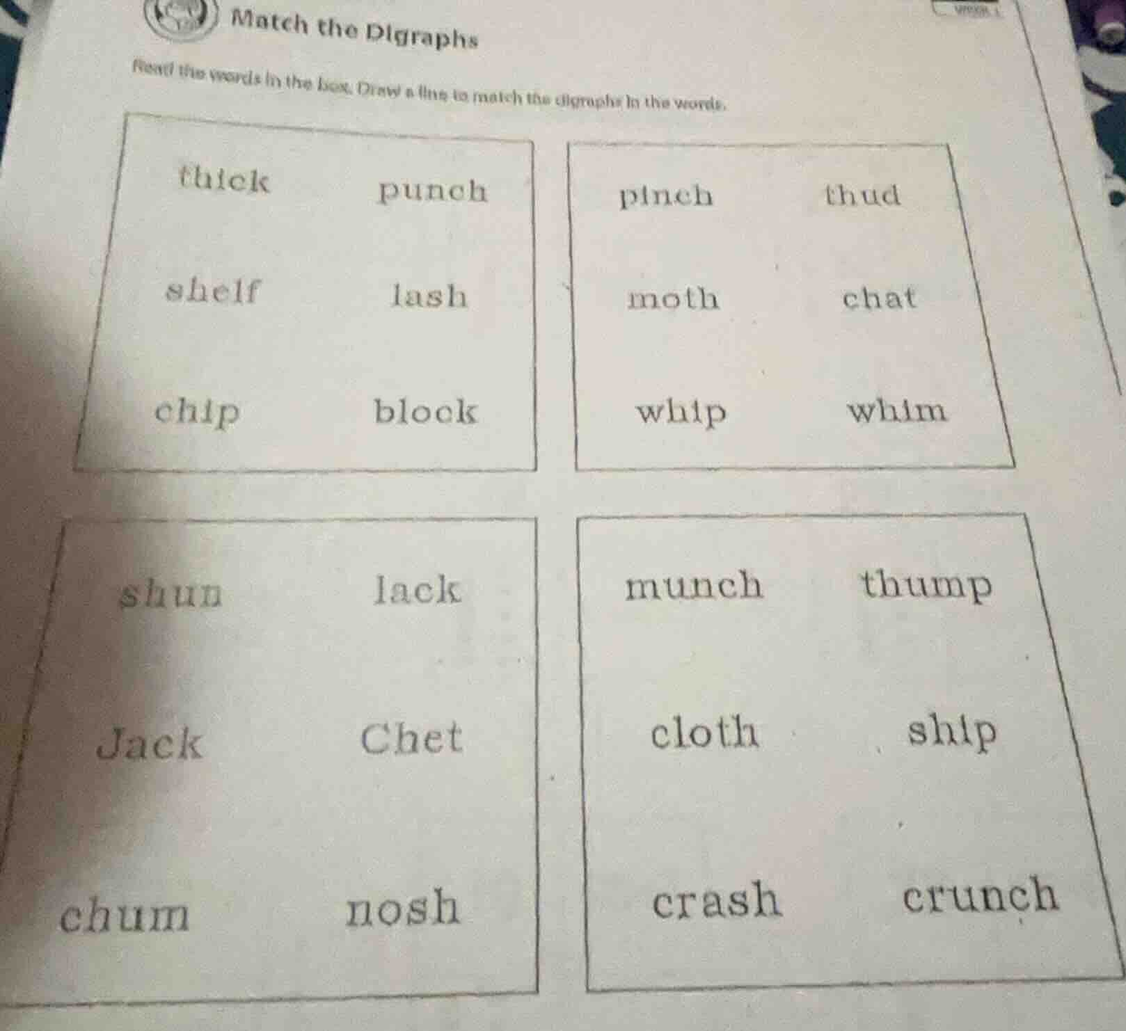 match the digraphs read the words in the box. draw a line to match the …