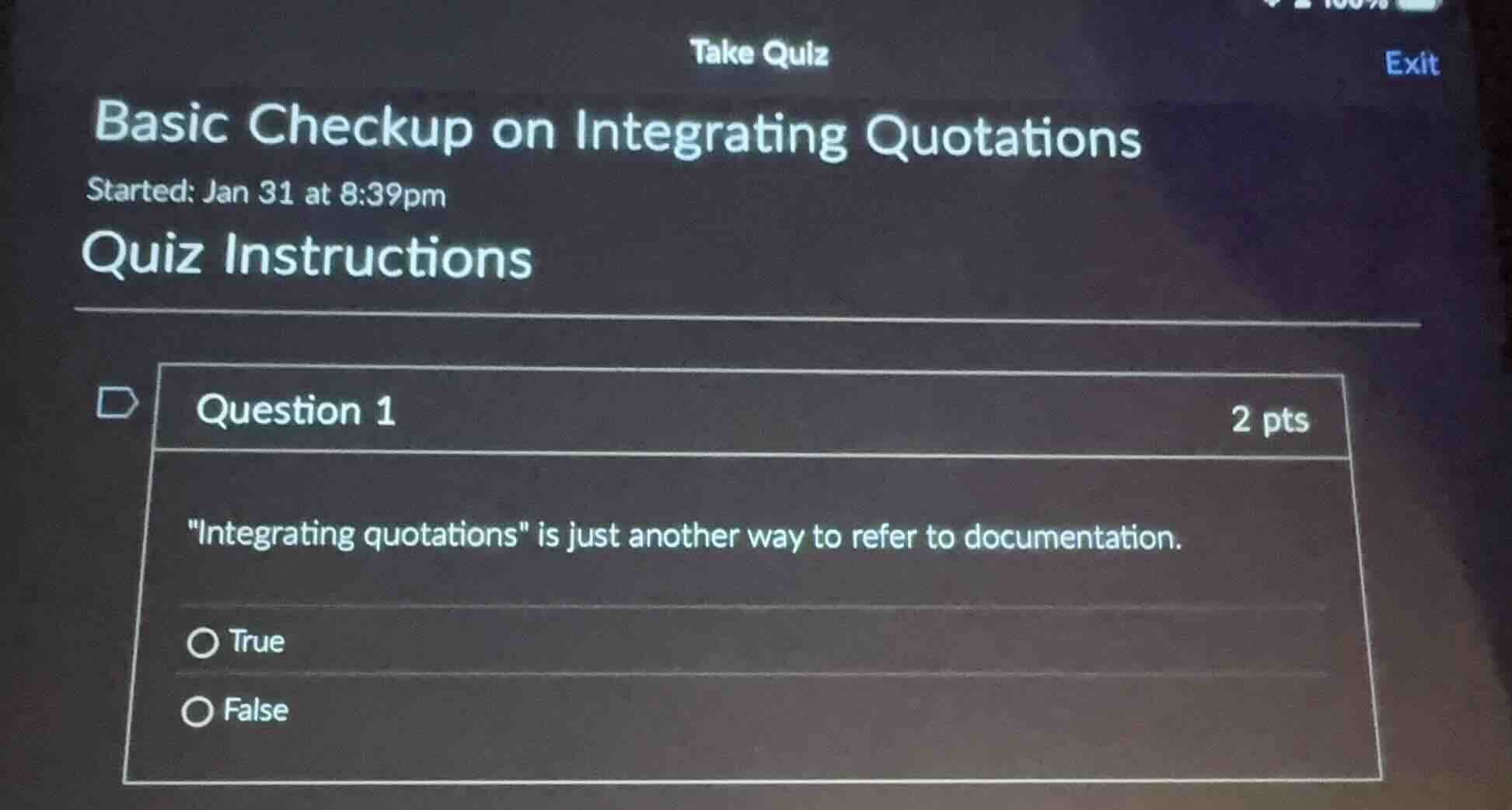 take quiz basic checkup on integrating quotations started: jan 31 at 8:…
